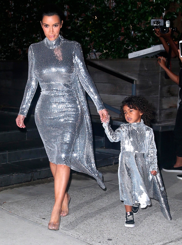 Kim Kardashian &amp; Nori Shine Bright in Matching Sequin Gowns, Heading to Kanye's Show